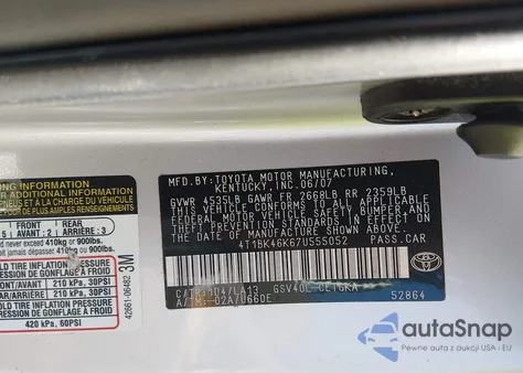 2007 Toyota Camry Xle V6 from USA, damaged, VIN 4T1BK46K67U555052